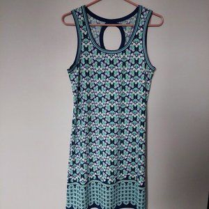 Max Studio Blue Medallion Stretch Sleeveless Boho Dress Keyhole Back, Size M